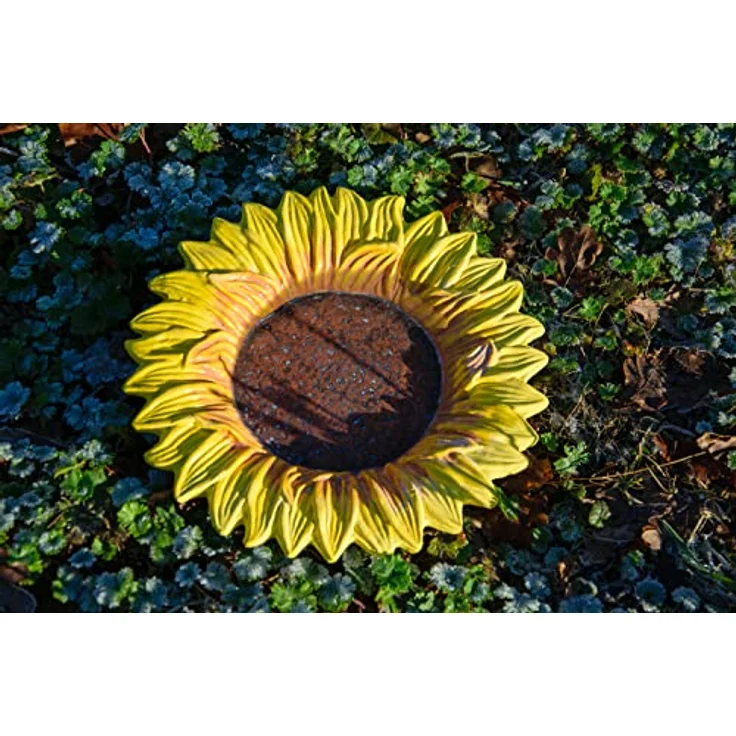 dobar® 12980e Insektentränke Fiore - Großes Insektenbad aus Zement - Vogelbecken für Wildvögel - Wassertränke Sonneblume für Garten/Terrasse/Balkon - 30,5 x 30,5 x 4 cm - Gelb – Bild 5