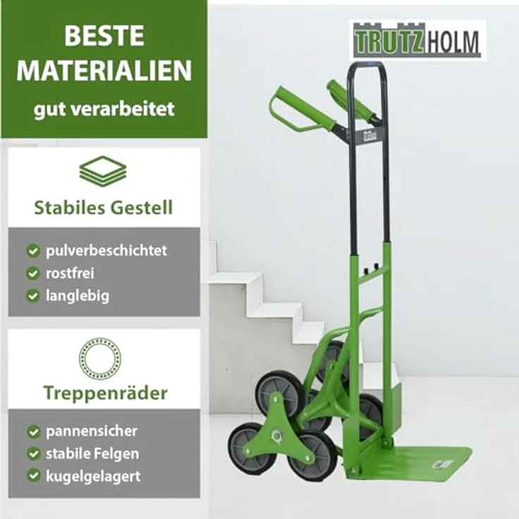 TRUTZHOLM Klappbare Treppensackkarre, höhenverstellbar, große Ladefläche, Stahl, 120 kg Traglast, 113 cm Höhe, pannensichere Vollgummiräder – Bild 2