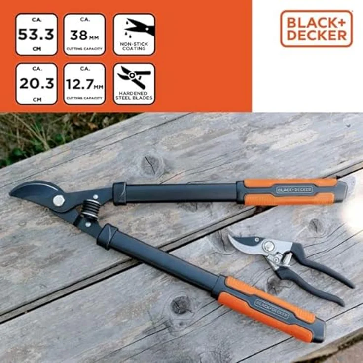 BLACK+DECKER Astscheren - 2 Stück - Astschere 53,3 CM - Gartenschere 20,3 CM - Schwarz/Orange – Bild 5