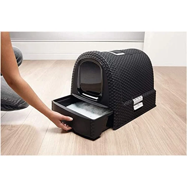 Curver 2068961 petlife Katzentoilette mit Deckel, Katzenklo inklusive Schaufel, moderne Rattangeflecht-Optik, anthrazit, 51,5 x 38,5 x 40 cm – Bild 3