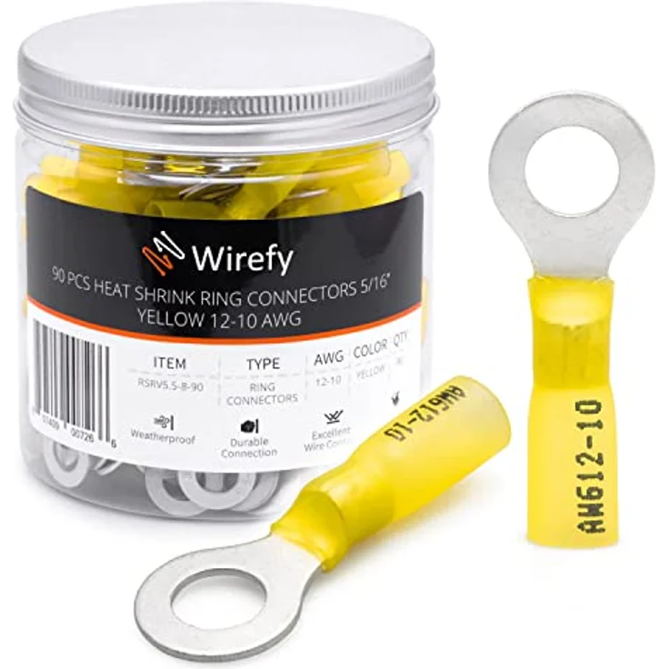 Wirefy Gelbe Ringkabelschuhe M8, Lötfreie Quetschverbinder für 4-6 mm², 90 Stück mit Hochwertigem Wärmeschrumpfschlauch und Dickem Kupfer – Bild 1