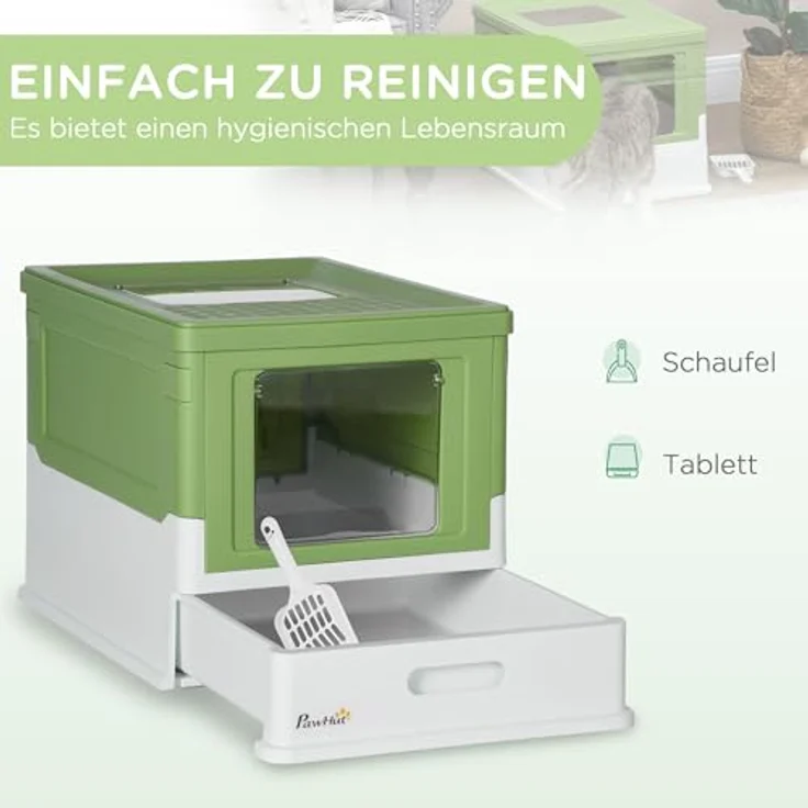 PawHut Katzentoilette Katzenklo mit Deckel Katzenhaus Desodorierungsbox, Kunststoff, Weiß+Grün, geräumig und kompakt, 47,5 x 35,5 x 36,7 cm – Bild 3