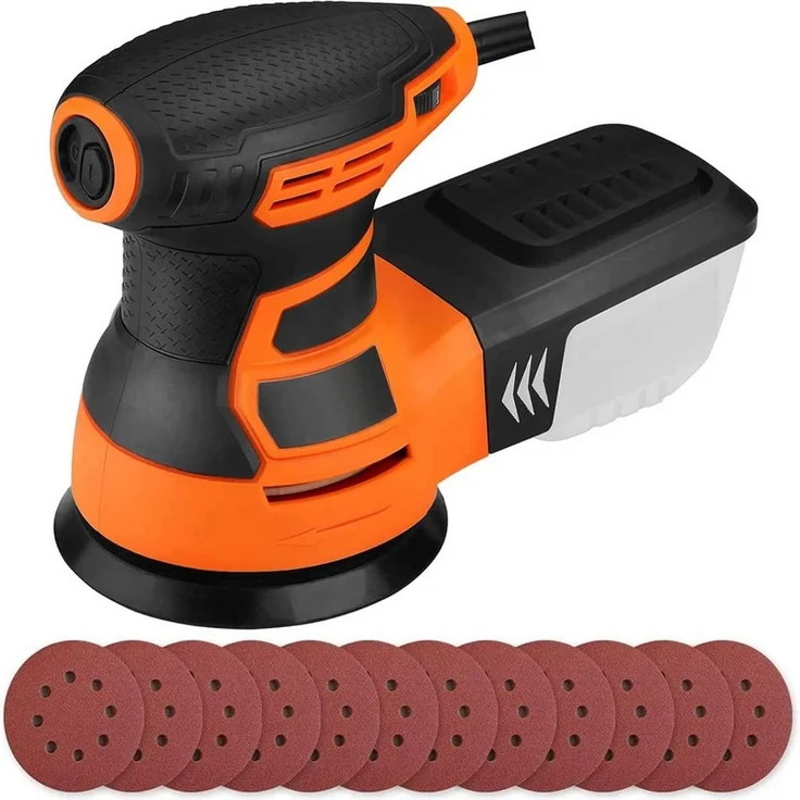 DOVAMAN Exzenterschleifer 125 mm, 350W, 6 variable Geschwindigkeiten, 12 Schleifscheiben, max. 13000 U/min, mit Kabel, ergonomischer Griff