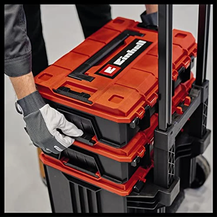 Einhell Original E-Case L Systemkoffer (max. 120 kg, universelle Aufbewahrung und Transport von Zubehör und Werkzeug, stapelbar, spritzwassergeschützt) 40 x 67,5 x 45 cm – Bild 3