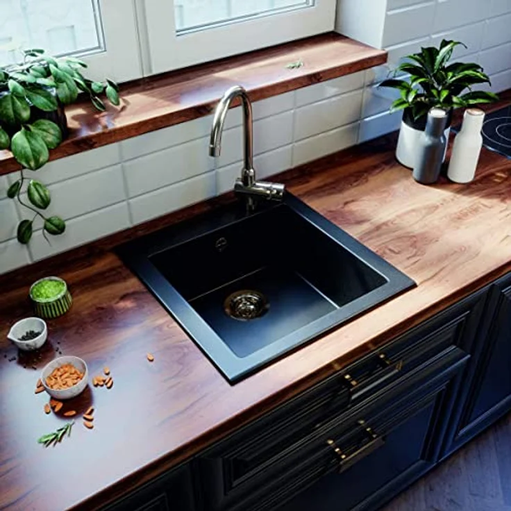 Faizee Möbel Granitspüle 48x50 +Armatur Gold Küchenspüle Spülbecken, Schwarz, langlebig & hitzebeständig bis zu 280°C – Bild 3