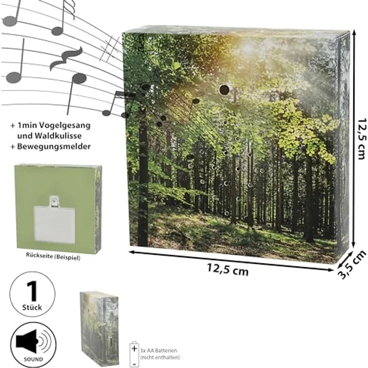 Cepewa Soundbox 'Wald' mit Bewegungssensor, 12x12x3,5cm, Pappe und Kunststoff, regulierbare Lautstärke für Vogelgezwitscher – Bild 2