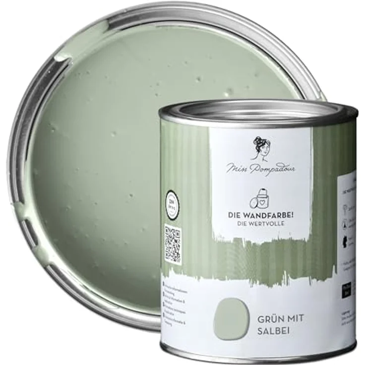 MissPompadour Wandfarbe Grün mit Salbei, matte Innenfarbe mit hoher Deckkraft, 1 L, geruchsneutrale und spritzfreie, wasserbasierte Wandfarbe – Bild 1