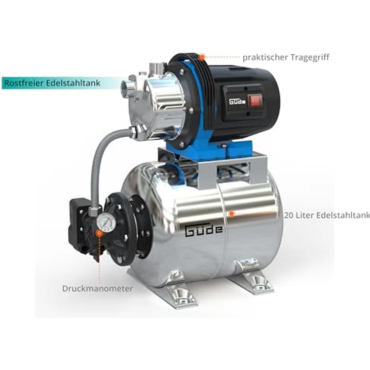 Güde HWW 1000 ES, Hauswasserpumpe mit 1000 W Leistung, 3800 l/h Fördermenge, silber, 20 l Edelstahltank, automatischer Betrieb – Bild 6