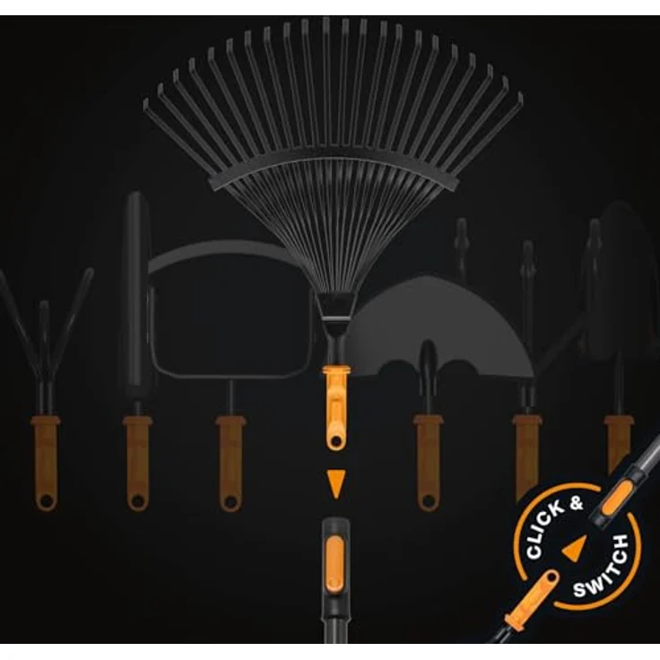 Fiskars OneClick Metall-Fächerbesen, Robuster Rasenrechen-Aufsatz mit 42 cm Breite, Schwarz/Orange, zum Entfernen von Moos und Rasenfilz, einfaches Wechseln mit nur einem Klick – Bild 4