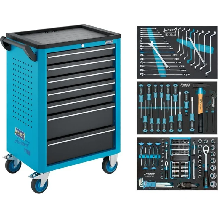 Hazet Werkstattwagen Assistent 176N-7, 193-tlg. Sortiment mit 5 flachen und 2 hohen Schubladen, mobile Organisation von Werkzeug, Kunststoffhaube, flexibel montierbarer Griff und Rollen