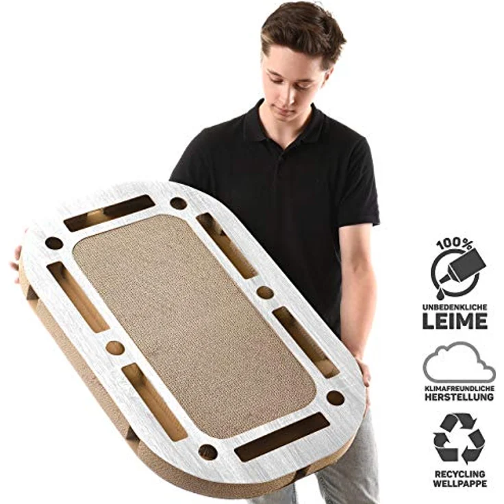 CanadianCat Company | XXL Katzenspielplatz 85 x 54 x 5,8 cm mit integrierter Kratzpappe Katzenspielzeug Kratzbrett in hellgrau gekalkter Holzoptik Kratzkarton – Bild 2