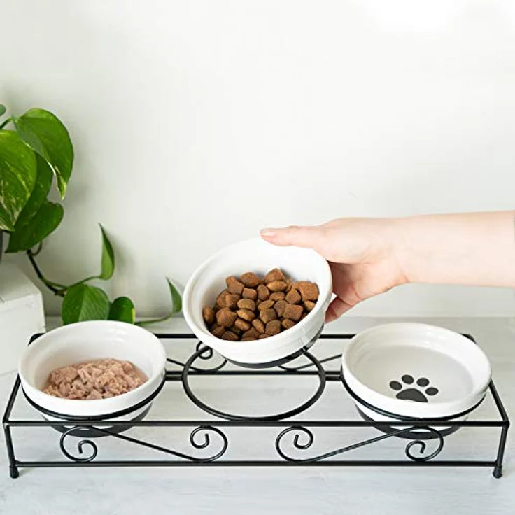 Navaris 3X Futternapf Katze Katzennapf erhöht - Katzen Napfset aus Keramik und Metall - Fressnapf Futterstation - Napf Set - 3 Stück Katzennäpfe – Bild 5