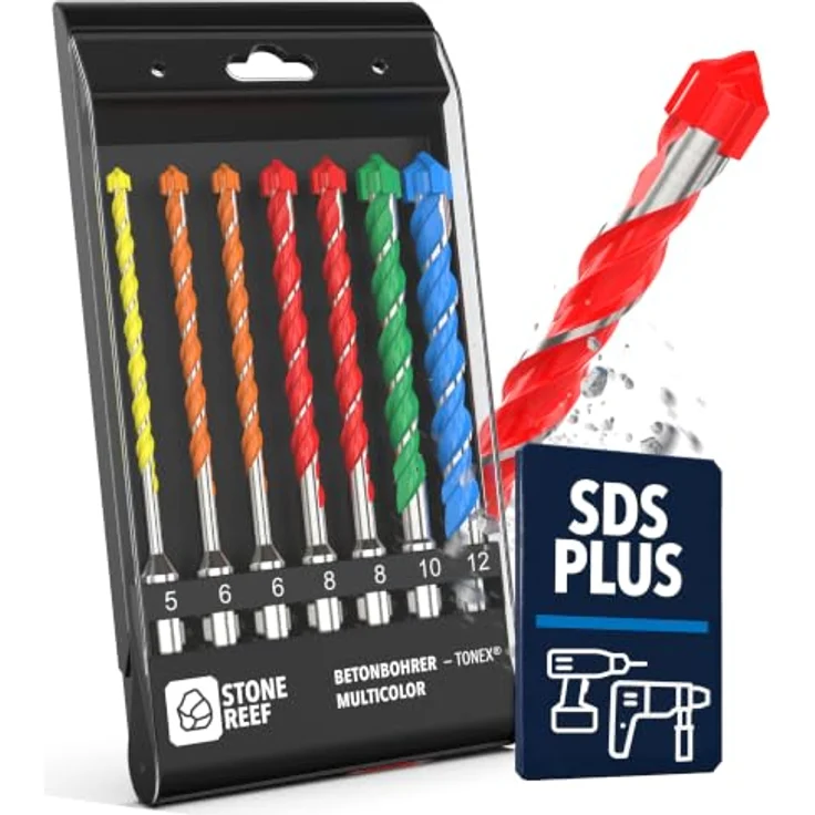 STONE REEF SDS Plus Bohrer Set 7 tlg, farbcodiert 5-12 mm, für Beton, Mauerwerk und Stein, inkl. Aufbewahrungsbox – Bild 1