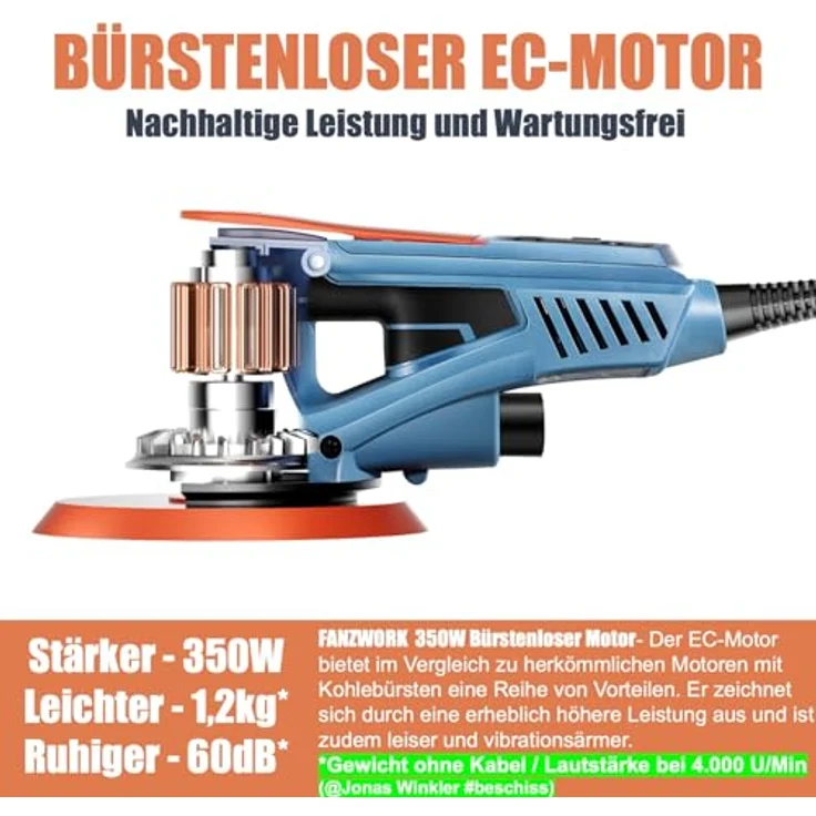 FANZTOOL FANZWORK Bürstenloser Exzenterschleifer HG0024, 125mm/150mm Schleifteller, 5mm Schleifhub, 7-Stufige Drehzahlregelung bis 10.000 U/min, Tellerbremse, Tragkoffer mit 18x Schleifgitter – Bild 2