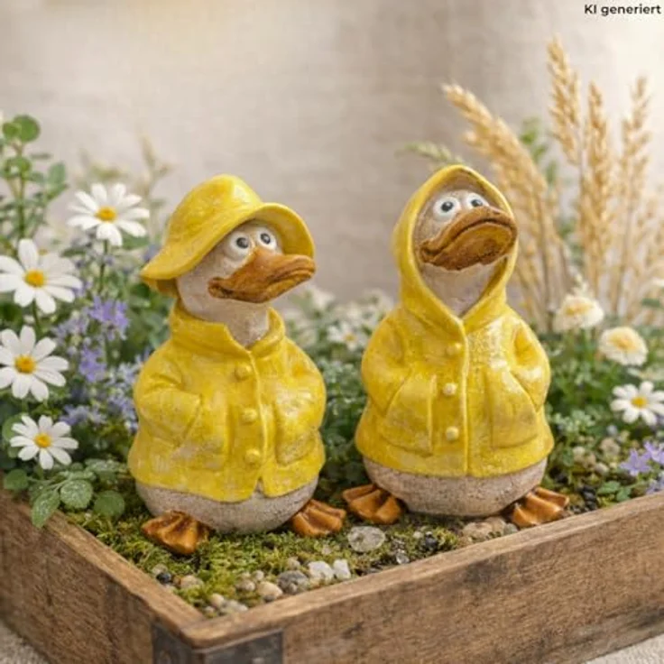 Dekohelden24 2er Set Dekofiguren, Gartenfigur Ente mit Regenmantel und Mütze, gelb, L/B/H 6 x 6 x 11 cm – Bild 3