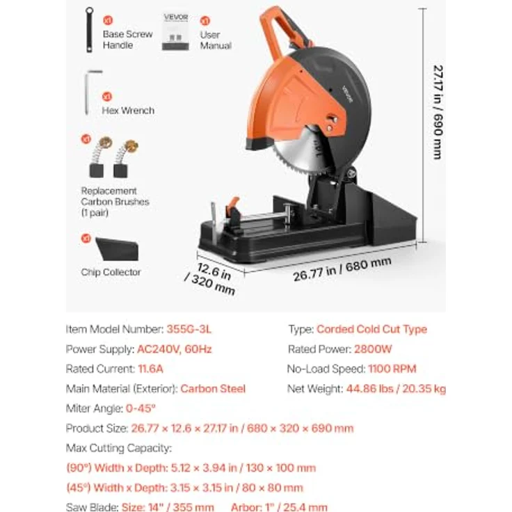 VEVOR Metalltrennsäge Kappsäge 355mm, 2800W Motor, -45° bis 45° einstellbarer Winkel, mit Klingenschutz & Späneauffangbehälter – Bild 7