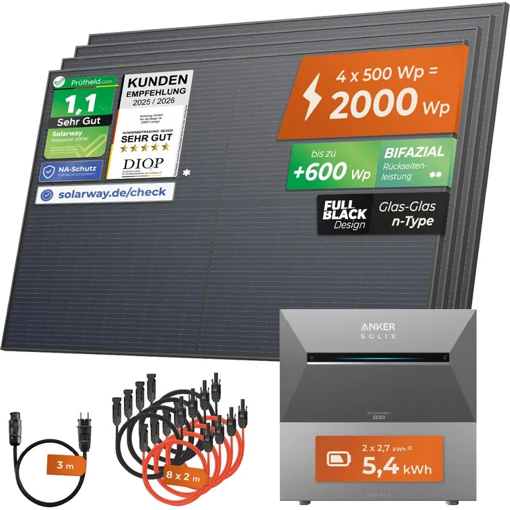 Solarway® 2000Wp / 800W Balkonkraftwerk mit 5,4kWh Speicher, 4x500W bifaziale FULL BLACK Solarmodule und Anker Solix 3 PRO - Komplettset mit App-Überwachung und 3m Steckdosenkabel