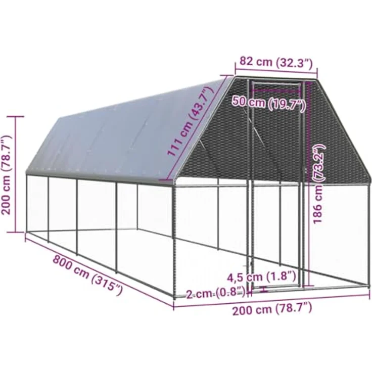 vidaXL Hühnerstall, Outdoor-Hühnerkäfig 2x8x2 m aus verzinktem Stahl, silbern, wasserabweisendes Dach, mit Tür und Schloss – Bild 5