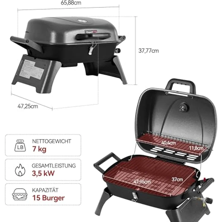 Royal Gourmet Gasgrill TBQ-1250, tragbarer Tischgasgrill mit 3,5 kW, klappbaren Beinen und Thermometer, für Garten und Balkon – Bild 3