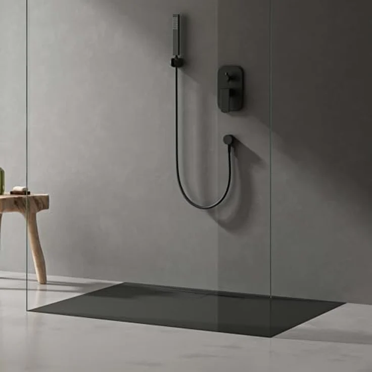 doporro Duschwanne Duschtasse flach Mineralguss DIN-Anschlüsse Boden Geoma07, Quadratisch, weiß – Bild 6