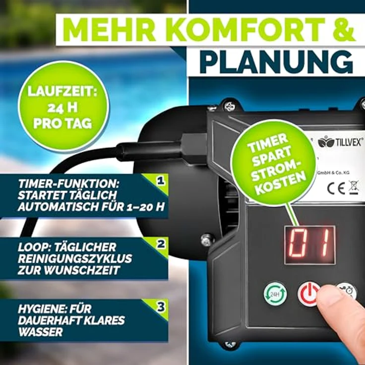 tillvex Sandfilteranlage 13.200L/h, inkl. 1200g Filterbälle, selbstansaugend mit 7-Wege Ventil & 2in1 Adapter Ø32-38mm für Pools bis 40.000L – Bild 5