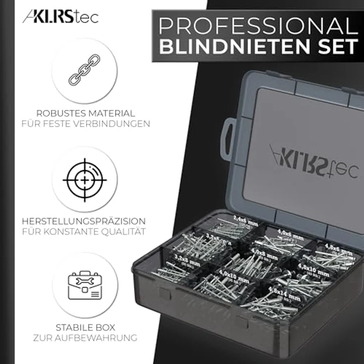 KLRS KLRStec Professional Blindnieten Set [500tlg.] Aluminium/Stahl Popnieten Set für Nietenzangen 125 Stk. jeder Größe (2,4mm, 3,2mm, 4,0mm und 4,8mm) – Bild 2