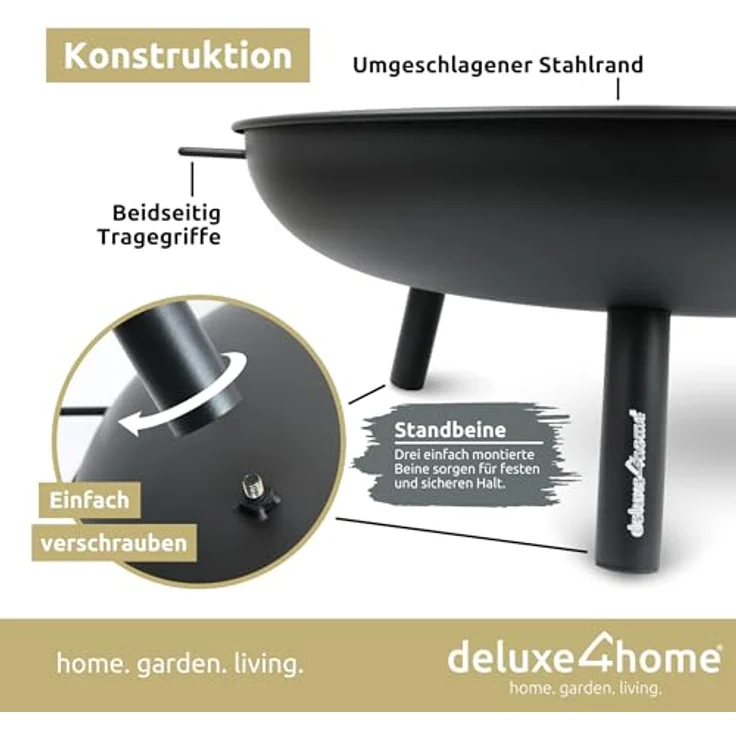 deluxe4home® Feuerschale Schwarz ⌀58 cm I Sichere Feuerstelle für Garten, Terrasse I Metallschale für Lagerfeuer I Feuerkorb Robust – Bild 5