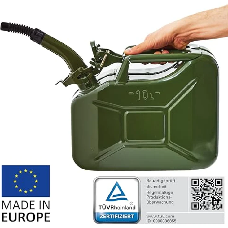 BW® Kraftstoffkanister Metall 10L, Benzinkanister mit Ausgießer in Olivgrün - RAL 6003, TÜV-geprüft, UN-Zulassung, made in Europe – Bild 2