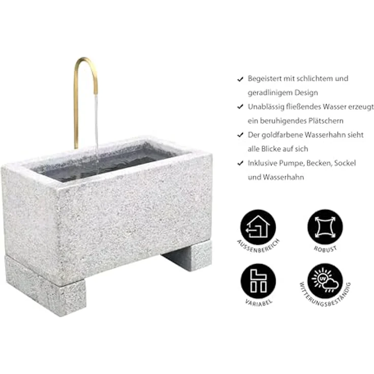 Dehner Gartenbrunnen Salzburg, 60 x 72 x 35 cm, Granit/Metall, grau/Gold, Umlaufbrunnen mit goldfarbenem Wasserhahn und Pumpe – Bild 5