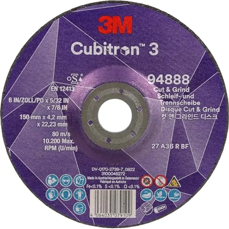 3M Cubitron 3 Cut and Grind Schruppscheibe, 94888, 36+, T27, 150 mm x 4,2 mm x 22,23 mm, EN, 10/Pack, 20 Stück/VE