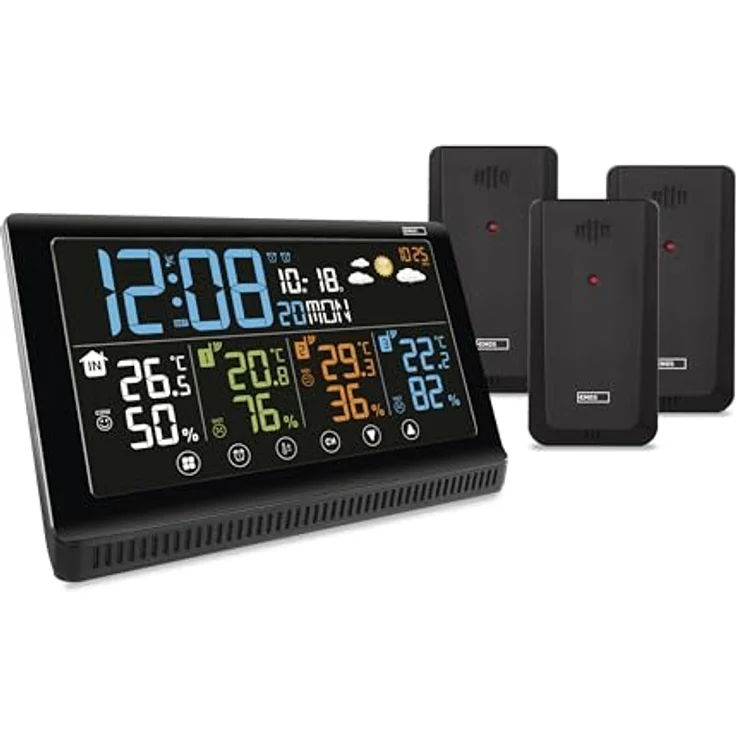 Emos Drahtlose Wetterstation E8614, Farbdisplay mit DCF-Funkuhr, Temperaturmessung von -40 °C bis +70 °C, erweiterbar mit 3 Sensoren, USB-A Stromausgang – Bild 1