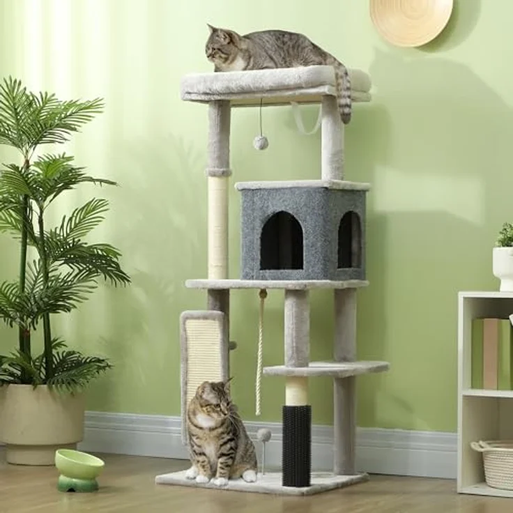 PawHut Kratzbaum 132 cm Katzenbaum mit Katzenhöhle, Spielball, Sisal-Kratzsäulen, für Katzen bis 6 kg, Hellgrau – Bild 2