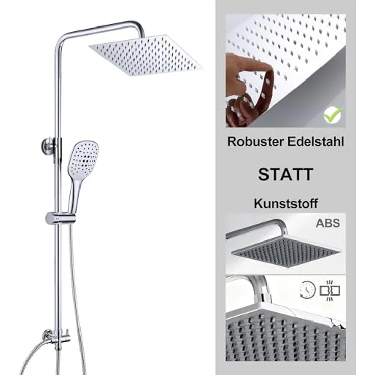 JOHO Duschset ohne Armatur, Edelstahl Chrom Duschsystem, wassersparende Regendusche mit 20x20cm Kopfbrause und 3 Strahlarten – Bild 2