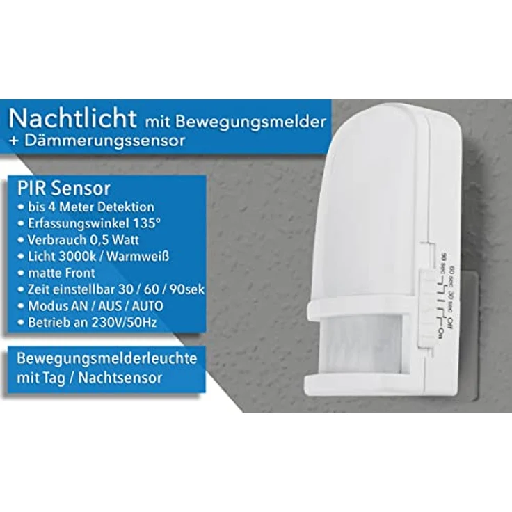 ChiliTec LED Nachtlicht Steckdose mit Bewegungsmelder - Energiesparend mit Zeit- und Moduseinstellungen, Warmweiß – Bild 5