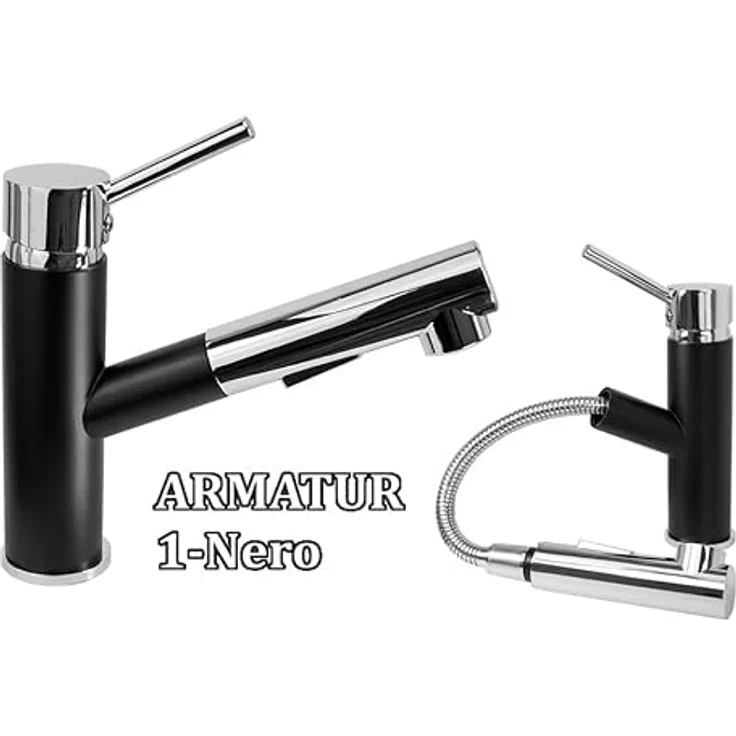 Lindbergh Spülen Rein Schwarz Antibakterielle Granit Spüle "SIM44 + 1-Nero" + Siphon Einbauspüle Küchenspüle Spülbecken + IMPRÄGNIERUNG - Verbundstoffe MADE IN GERMANY (5. Spüle SIM44 + Armatur 1-Nero) – Bild 5