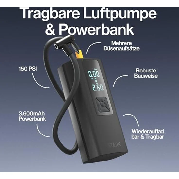 STATIK TireHero Tragbarer Luftkompressor – 150 PSI, Elektrische Luftpumpe für Reifen, Bälle, Fahrräder, Paddleboards, mit integrierter Taschenlampe und Notfall-Ladefunktion – Bild 2