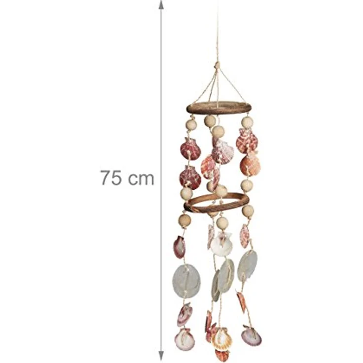 Relaxdays Windspiel mit Muscheln, maritimes Holz Klangspiel für Balkon, Garten, Strand-Deko, Capiz Mobile, 75 cm, Natur – Bild 3