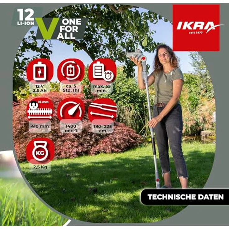 IKRA Akku Teleskop Heckenschere IATHS 1241, kabellos mit 41 cm Schnittlänge, 4-fach verstellbarem Schnittwinkel und Schutzbrille, inkl. 12 V Akku & Ladegerät – Bild 5