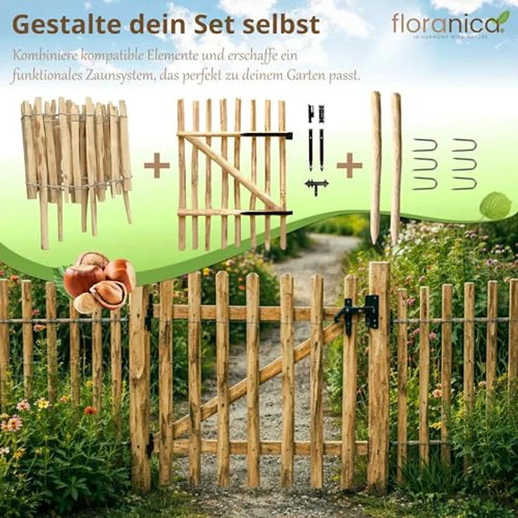Pemicont Floranica Haselnuss Staketenzaun 35 cm hoch, biologisch abbaubarer Gartenzaun mit 8-10 cm Lattenabstand, handgefertigter Holz Jägerzaun für Teiche und Beete – Bild 8