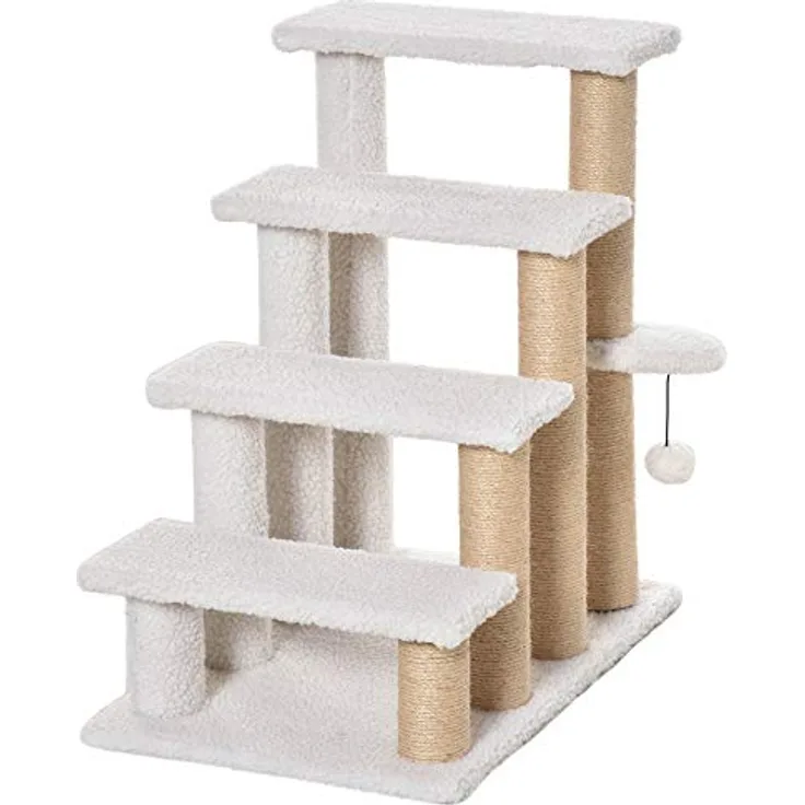 PawHut Haustiertreppe mit Kratzbaum Ball 4-stufige Katzentreppe Hundetreppe Tiertreppe Spanplatte Plüsch Jute Weiß 60 x 40 x 64 cm