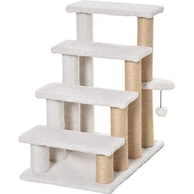 PawHut Haustiertreppe mit Kratzbaum Ball 4-stufige Katzentreppe Hundetreppe Tiertreppe Spanplatte Plüsch Jute Weiß 60 x 40 x 64 cm – Bild 1