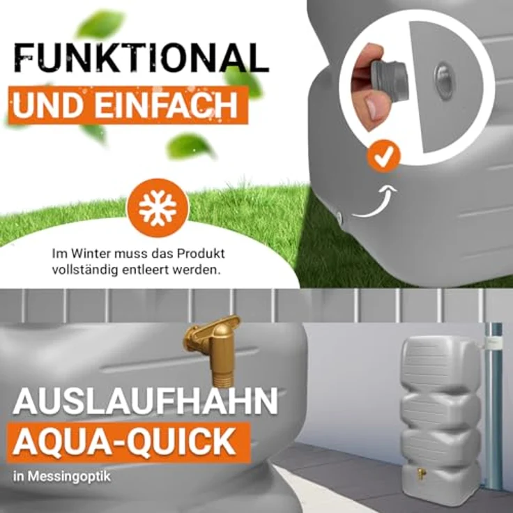 GARANTIA Regentonne CUBUS Komplett-Set 1000 L, betongrau, mit Auslaufhahn und Fallrohrfilter, witterungsbeständig und langlebig – Bild 5