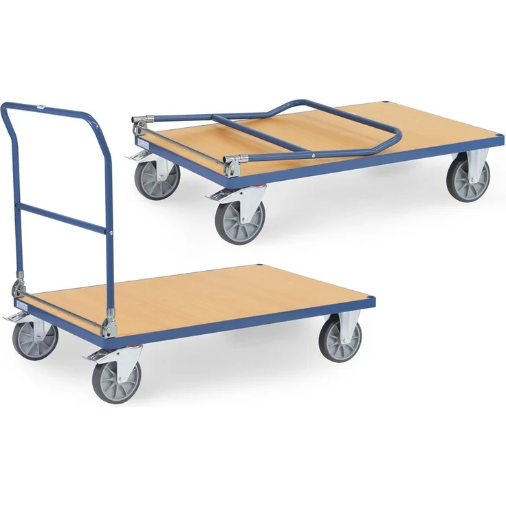 FETRA Klappwagen 2503-K, Transportwagen aus Stahlrohr, pulverbeschichtet brillantblau RAL 5007, Ladefläche Holzwerkstoff mit Buchendekor, 4 Rollen mit Feststellern