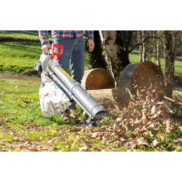 Ikra 3-in-1 Laubsauger + Laubbläser, Akku-Gerät mit 210 km/h Blasgeschwindigkeit, grau-rot, inkl. 45-Liter-Auffangbeutel und Schnellader – Bild 3