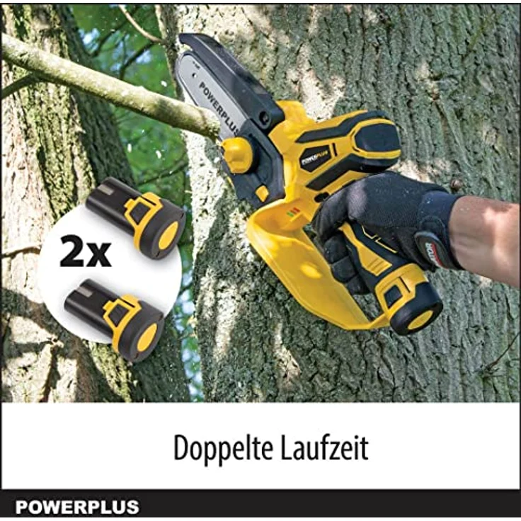 Powerplus Akku Kettensäge POWXG1045-12V Säge, inkl. 12V Akku und Ladegerät, kleine elektrische Säge mit 100 mm Schwert für Einhand Bedienung, Gartengeräte für einfache Gartenarbeit – Bild 5
