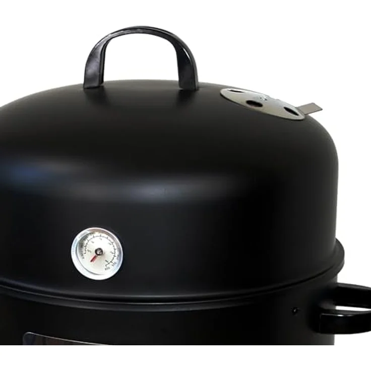 GLÜHZONE RS 400, 3in1 Holzkohlegrill mit Deckel zum Räuchern, Grillen und Garen, inkl. Wasserschale, 2 Grillroste, Räucherhaken, Temperaturanzeige, robust und langlebig für Garten & Camping – Bild 3
