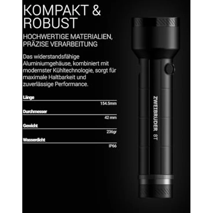 Zweibrüder ZB8T LED Taschenlampe, aufladbar mit USB-C, Rotlichtfunktion, Aluminiumgehäuse, IPX4 wasserdicht – Bild 7