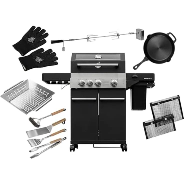 FEUERGOTT Gas-Grillstation Hektor 3B-S, BBQ-Set mit 2 Brennern, Infrarotbrenner und Zubehör, inklusive Abdeckhaube, Drehspieß, Gusseisenrost und Innenbeleuchtung – Bild 1