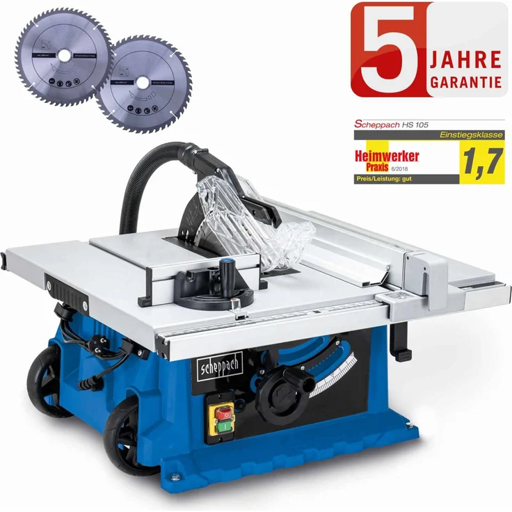 Scheppach HS105 Tischkreissäge, 2000W, 75mm Schnitthöhe, inkl. 2 Sägeblätter, leistungsstark und stabil