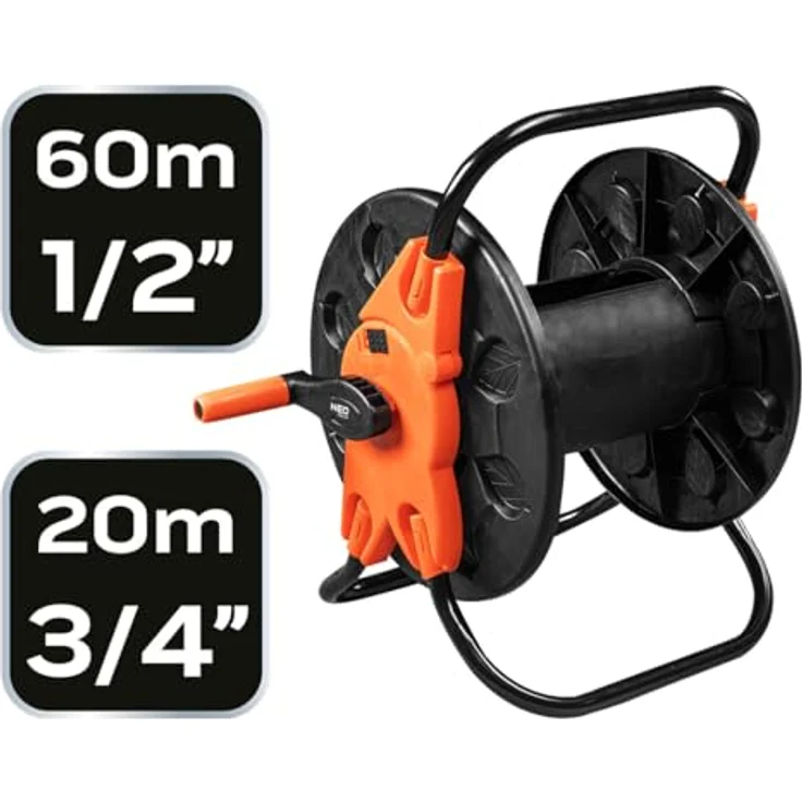 NEO TOOLS Schlauchtrommel für Gartenschlauch bis 60 m (1/2") - Hochwertiger Kunststoff (PP, ABS) und Stahl, Schwarz/Orange, verhindert Schlauchknicken, klappbarer Griff für einfachen Transport – Bild 2
